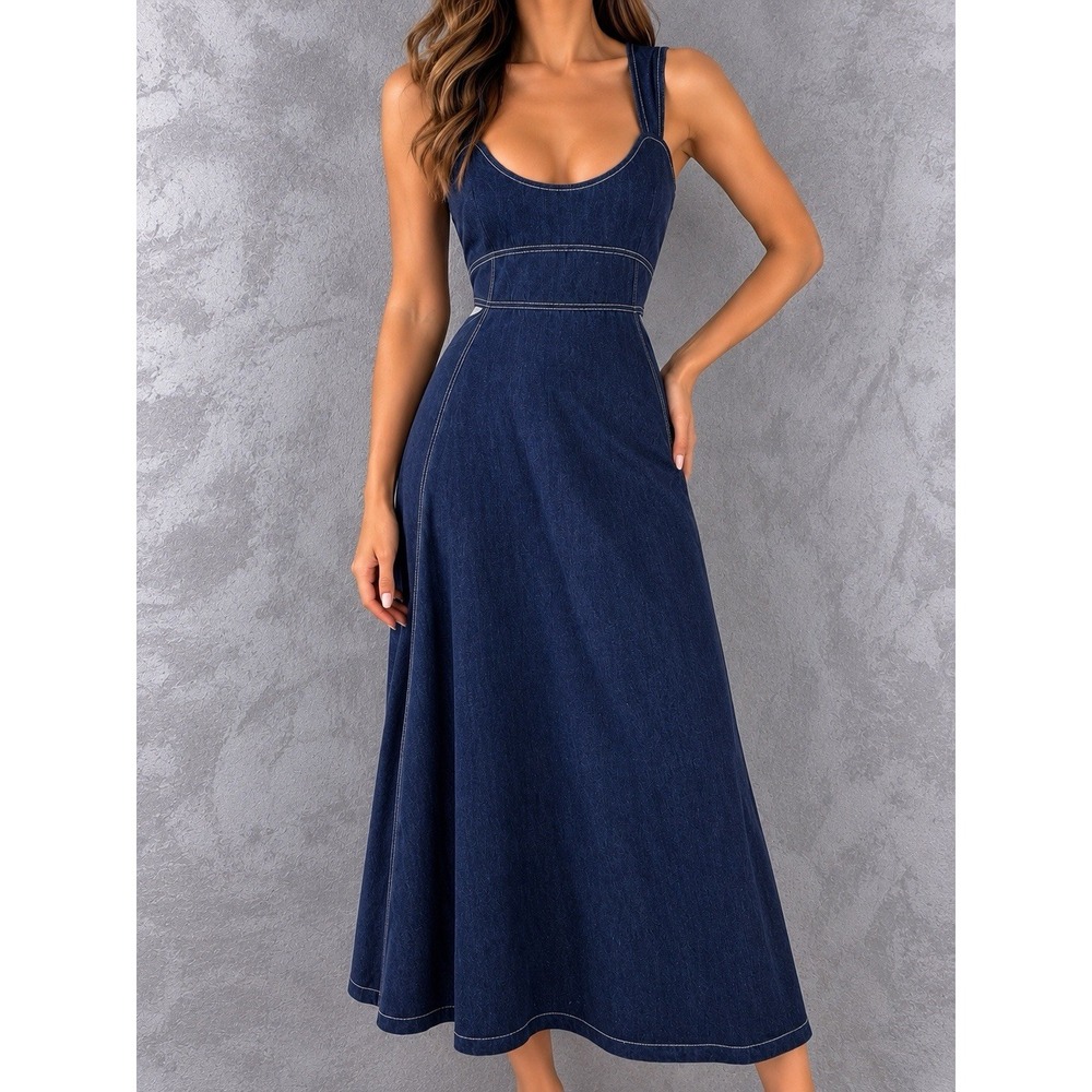 Aureta x Anthropologie Corset Denim Midi Dress Womens Medium Blue Cutout Fit